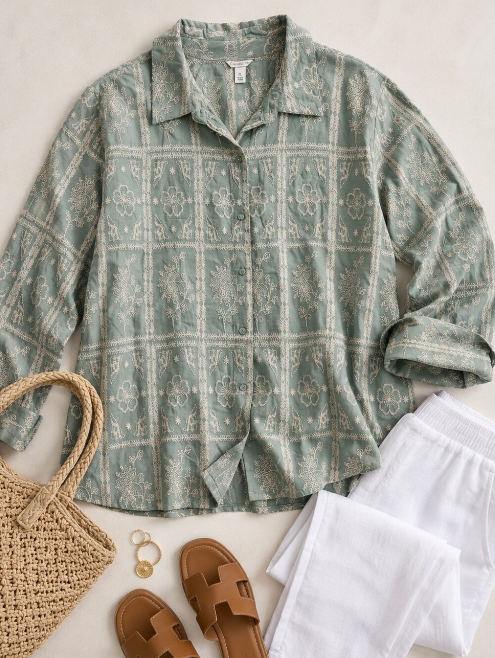 Cato Sage Green Floral Button-Up Blouse XL Boho Cottagecore Lightweight